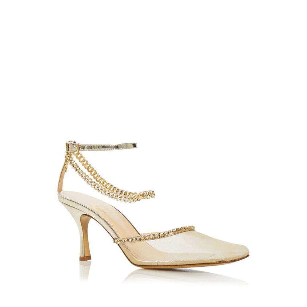 NALEBE Womens Gold Chain Crystal Stellar Square Toe Stiletto Leather Pumps 35.5